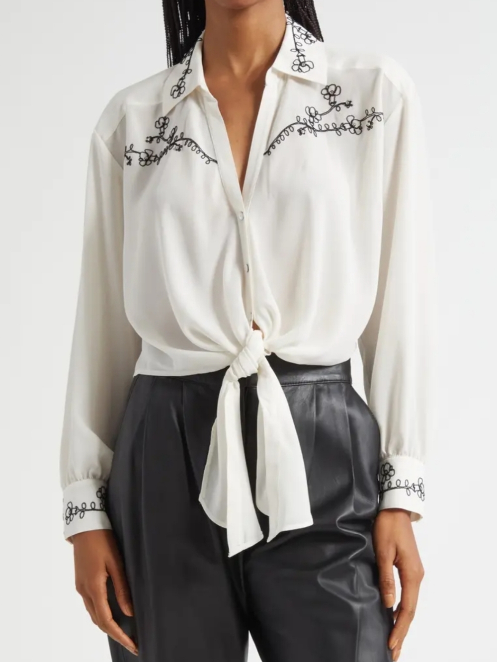 Cinq A Sept Marianna Embellished Embroidered Tie Front Button Up Shirt